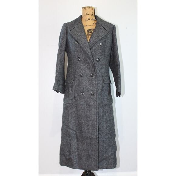 Vtg Saint Laurent Rive Gauche Gray Wool Herringbone Double Breasted Overcoat S